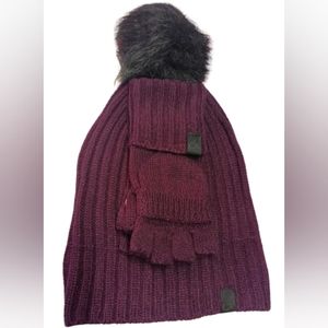 Calvin klein pompom hat and gloves set aubergine